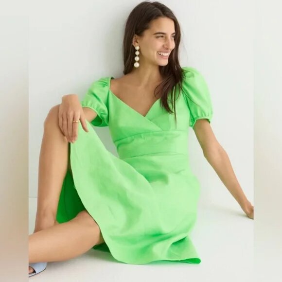 J. Crew Puff Sleeve V-Neck Midi Dress in Stretch Linen Blend - Picture 1 of 10